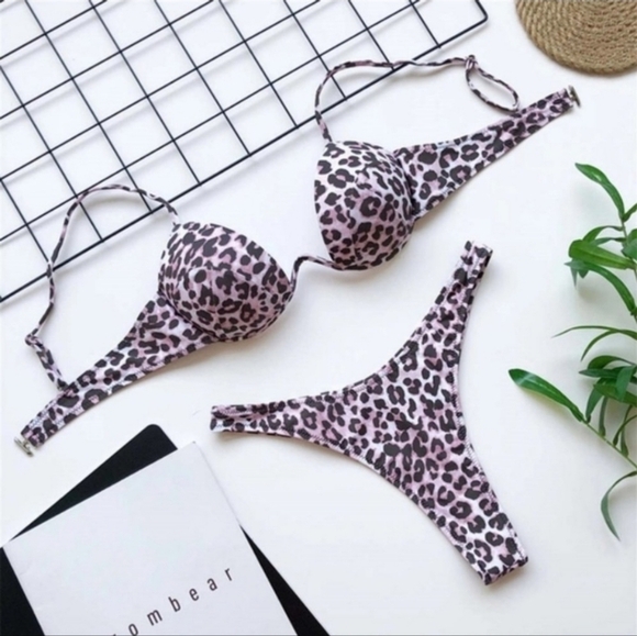 New Leopard Underwire Bikini Set with High Cut Leg Bikini Bottom Swimsuit Size L - Picture 6 of 8